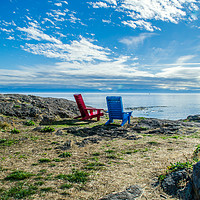 Buy canvas prints of Adirondack Chairs looking to sea by Alf Damp