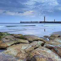 Buy canvas prints of Whitby pier from the North Beach by John Hall
