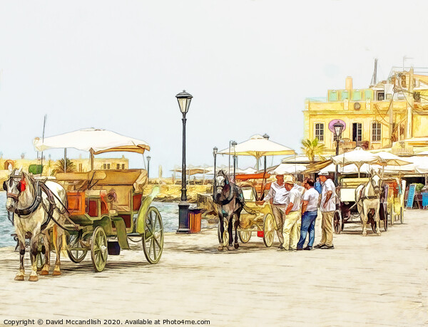 Horse drawn carriages Chania Picture Board by David Mccandlish
