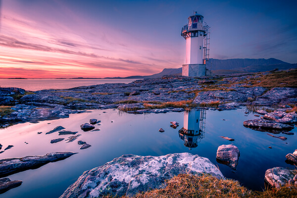 Golden Reflections of Rhue Lighthouse Picture Board by John Frid
