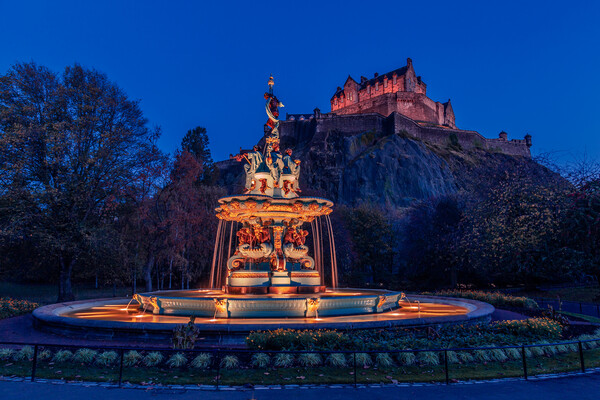 Ross Fountain and Edinburgh Castle at Night Picture Board by John Frid