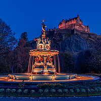 Buy canvas prints of Ross Fountain and Edinburgh Castle at Night by John Frid