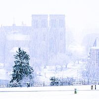 Buy canvas prints of Inverness Cathedral in a snowstorm by John Frid