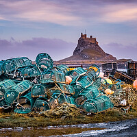 Buy canvas prints of Lindisfarne Castle and Fishing Creels by John Frid
