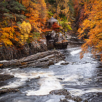Buy canvas prints of River Moriston Waterfall and Summer House. by John Frid
