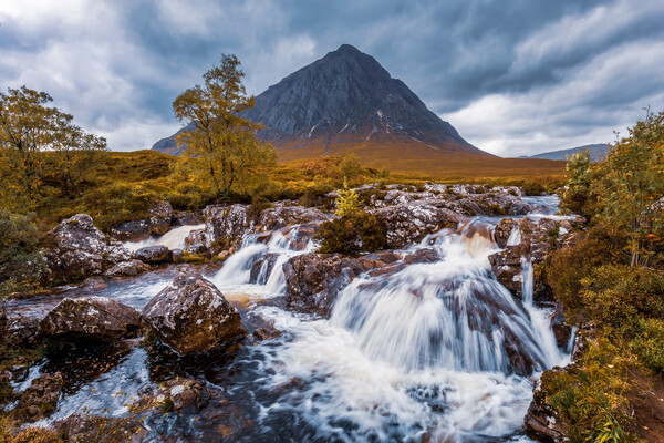 Buachaille Etive Mor and River Coupall Waterfall Picture Board by John Frid