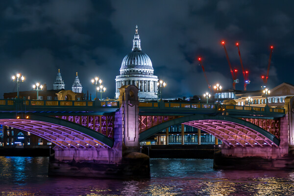 Southwark Bridge and St Paul's Cathedral at Night Picture Board by John Frid