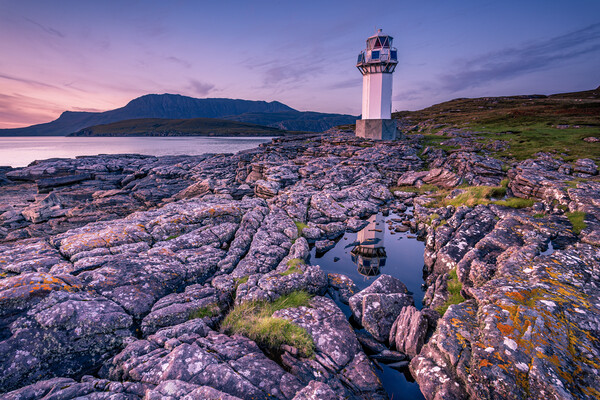 Sunset at Rhue Lighthouse near Ullapool Picture Board by John Frid