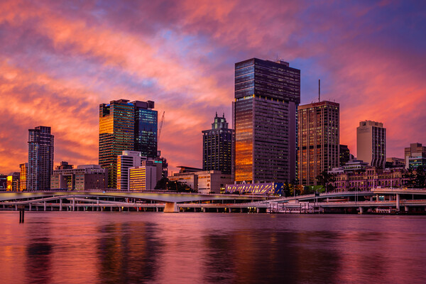 Brisbane City Skyline at Sunset Picture Board by John Frid