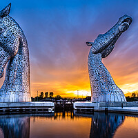 Buy canvas prints of The Kelpies at Sunset at Helix Park by John Frid