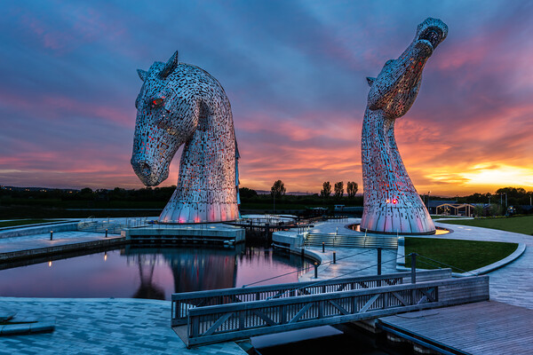 The Kelpies of Falkirk at Sunset Picture Board by John Frid