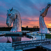 Buy canvas prints of The Kelpies of Falkirk at Sunset by John Frid