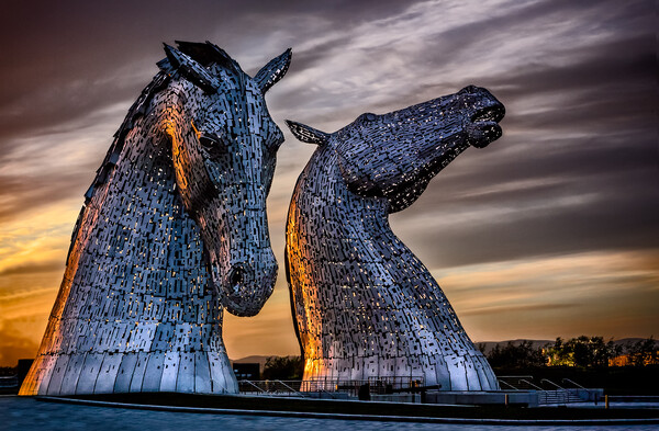 Statues of the Kelpies at Sunset Picture Board by John Frid