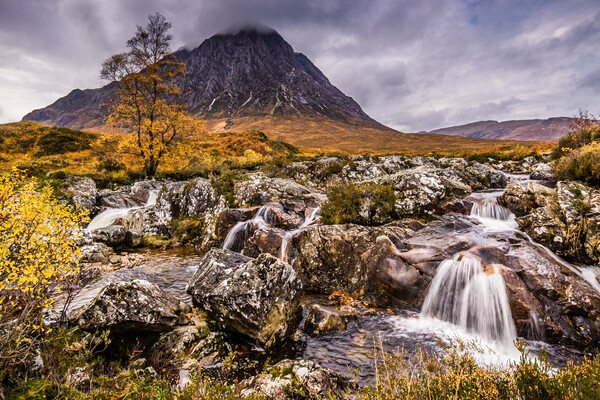 Buachaille Etive Mor and River Coupall Waterfall Picture Board by John Frid