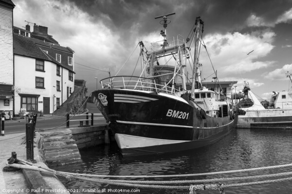 Brixham Trawler at the Quayside Monochrome Picture Board by Paul F Prestidge