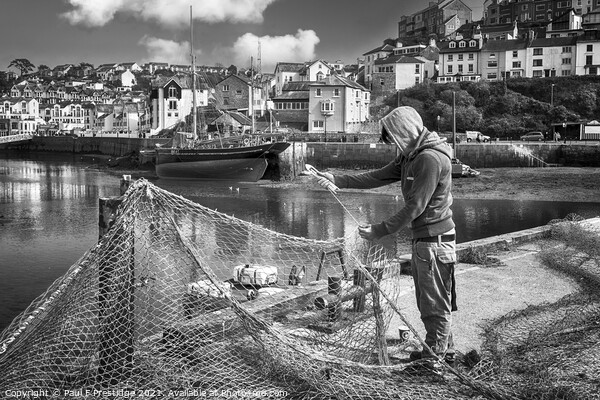 Mending Nets at Brixham Harbour Monochrome Picture Board by Paul F Prestidge