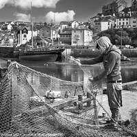 Buy canvas prints of Mending Nets at Brixham Harbour Monochrome by Paul F Prestidge