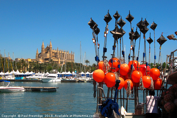 Fhing Boat Floats and Palma Cathedral, Mallorca Picture Board by Paul F Prestidge