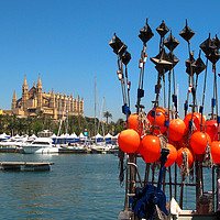 Buy canvas prints of Fhing Boat Floats and Palma Cathedral, Mallorca by Paul F Prestidge