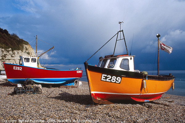 Boats in Storm Lighting at Beer, Jurassic Coast, D Picture Board by Paul F Prestidge