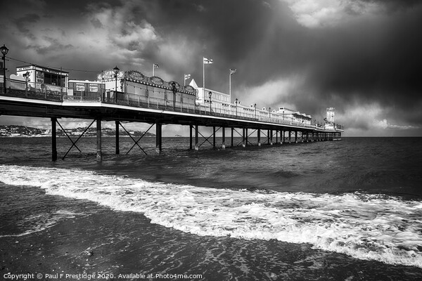 Paignton Pier in Stormy Weather Monochrome Picture Board by Paul F Prestidge