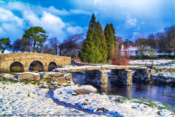 Snowy Medieval Clapper Bridge Picture Board by Paul F Prestidge