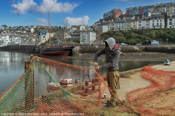 Mending Nets at brixham Harbour Picture Board by Paul F Prestidge