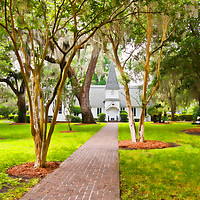 Buy canvas prints of Small Church Down Brick Path Under Southern Trees by Darryl Brooks