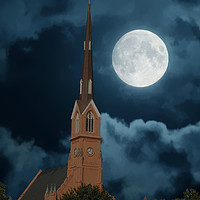 Buy canvas prints of Red Stucco Steeple Rising in Moonlit Night by Darryl Brooks
