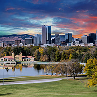 Buy canvas prints of Denver Skyline and Mountains Beyond Lake by Darryl Brooks