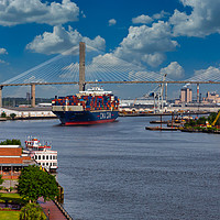 Buy canvas prints of CMA CGM Freighter and Talmadge Memorial Bridge in Savannah by Darryl Brooks