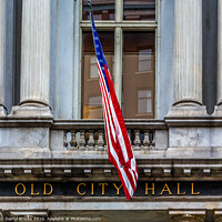 Buy canvas prints of Old City Hall Sign with Flag by Darryl Brooks