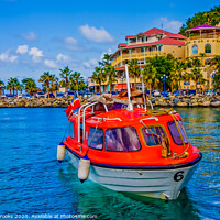 Buy canvas prints of Orange Lifeboats Across Colorful Bay by Darryl Brooks