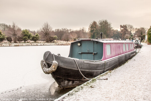 Narrowboat in Winter Picture Board by Liz Withey
