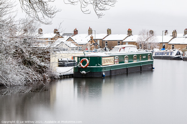 Narrowboat in Winter Picture Board by Liz Withey