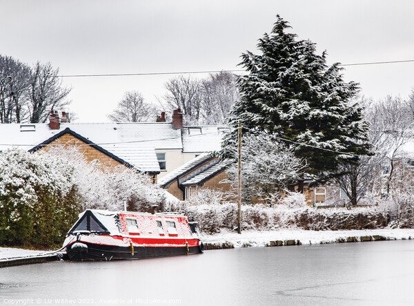 Red Narrowboat, Winter Picture Board by Liz Withey