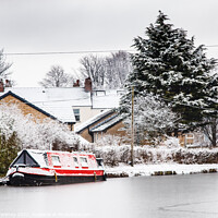 Buy canvas prints of Red Narrowboat, Winter by Liz Withey