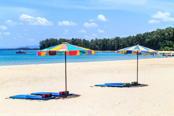 Umbrellas and beach mats on Nai Yang beach, Phuket, Thailand Picture Board by Kevin Hellon