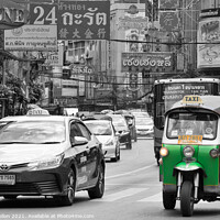 Buy canvas prints of Tuk tuk and taxi in Chinatown, Bangkok by Kevin Hellon