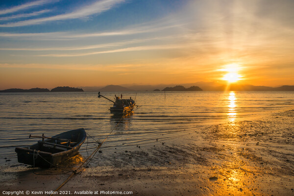 Boats at sunrise, Koh Phayam, Thailand Picture Board by Kevin Hellon