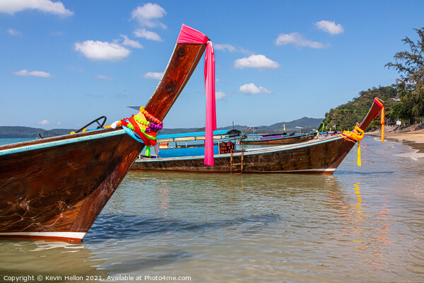 Long tail boats on the Andaman Sea  Picture Board by Kevin Hellon