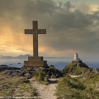 Buy canvas prints of St Dwynwen’s Cross and Tyr Mawr lighthouse at sunset,  by Kevin Hellon