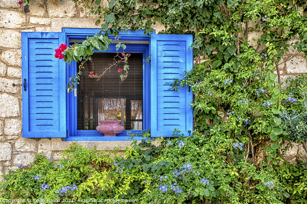 Blue window with shutters and flowers, Alacati, Picture Board by Kevin Hellon