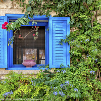 Buy canvas prints of Blue window with shutters and flowers, Alacati, by Kevin Hellon