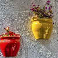 Buy canvas prints of Colourful plantpots with flowers hanging on a wall, by Kevin Hellon
