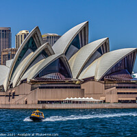 Buy canvas prints of A boat powers past the Sydney Opera House, in the  by Kevin Hellon