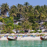 Buy canvas prints of Beach and long tail boats, Koh Racha Yai by Kevin Hellon
