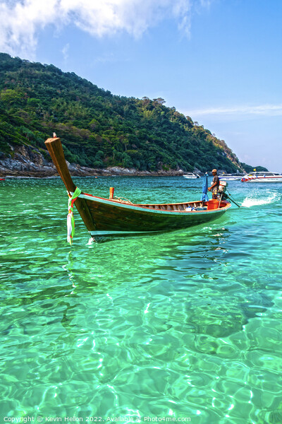 Emerald water and long tail boat, Koh Racha Ya Picture Board by Kevin Hellon