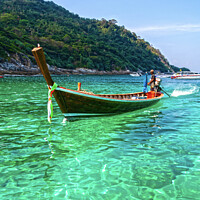 Buy canvas prints of Emerald water and long tail boat, Koh Racha Ya by Kevin Hellon
