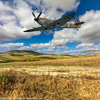 Buy canvas prints of Spitfire fighter war plane flying over a field. by Kevin Hellon